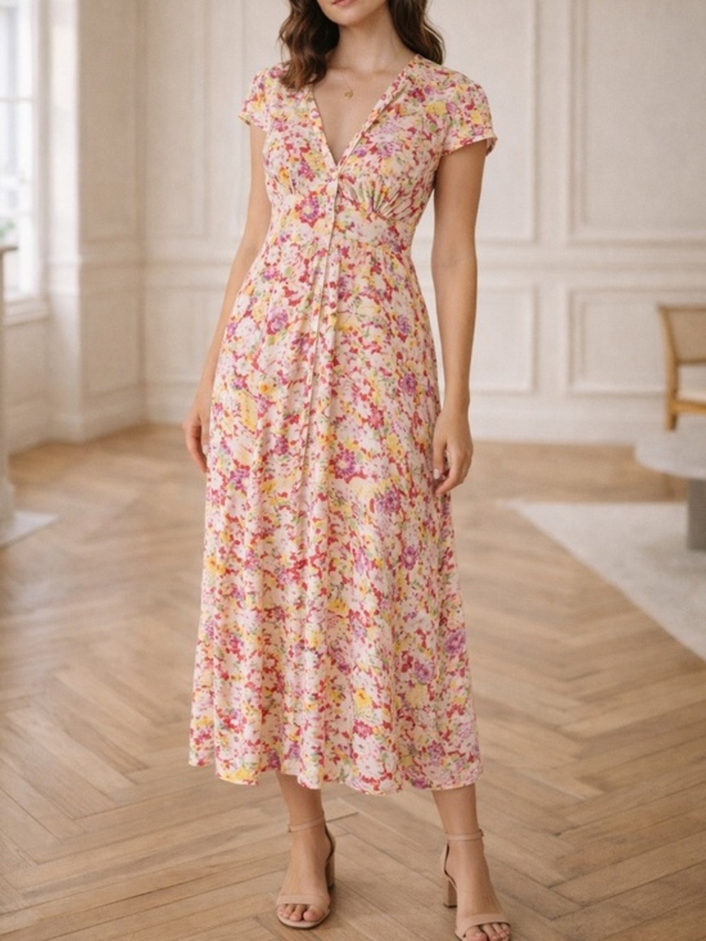 Rixo Jenna Floral Multicolor Gold Red Satin Summer Meadow Midi Dress